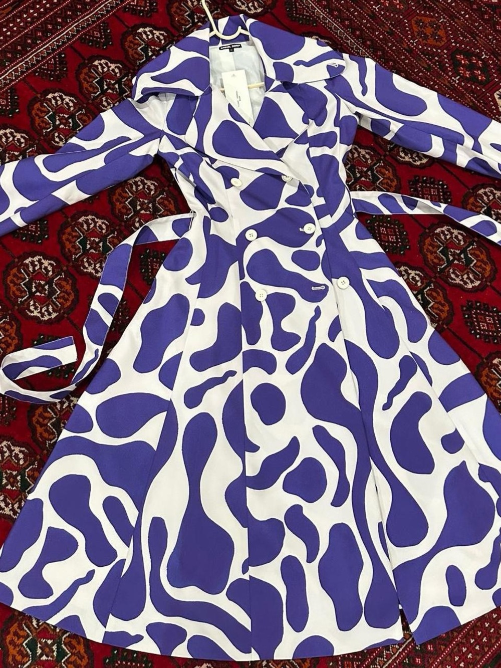 Samuel Dong Purple & White Abstract Print Long Sleeve Trench Dress